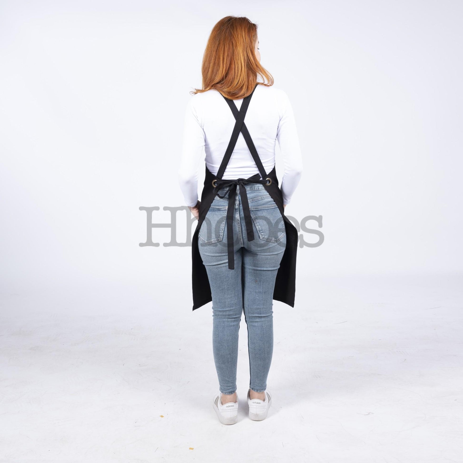 Oeko-Tex certified black cotton apron backless shown