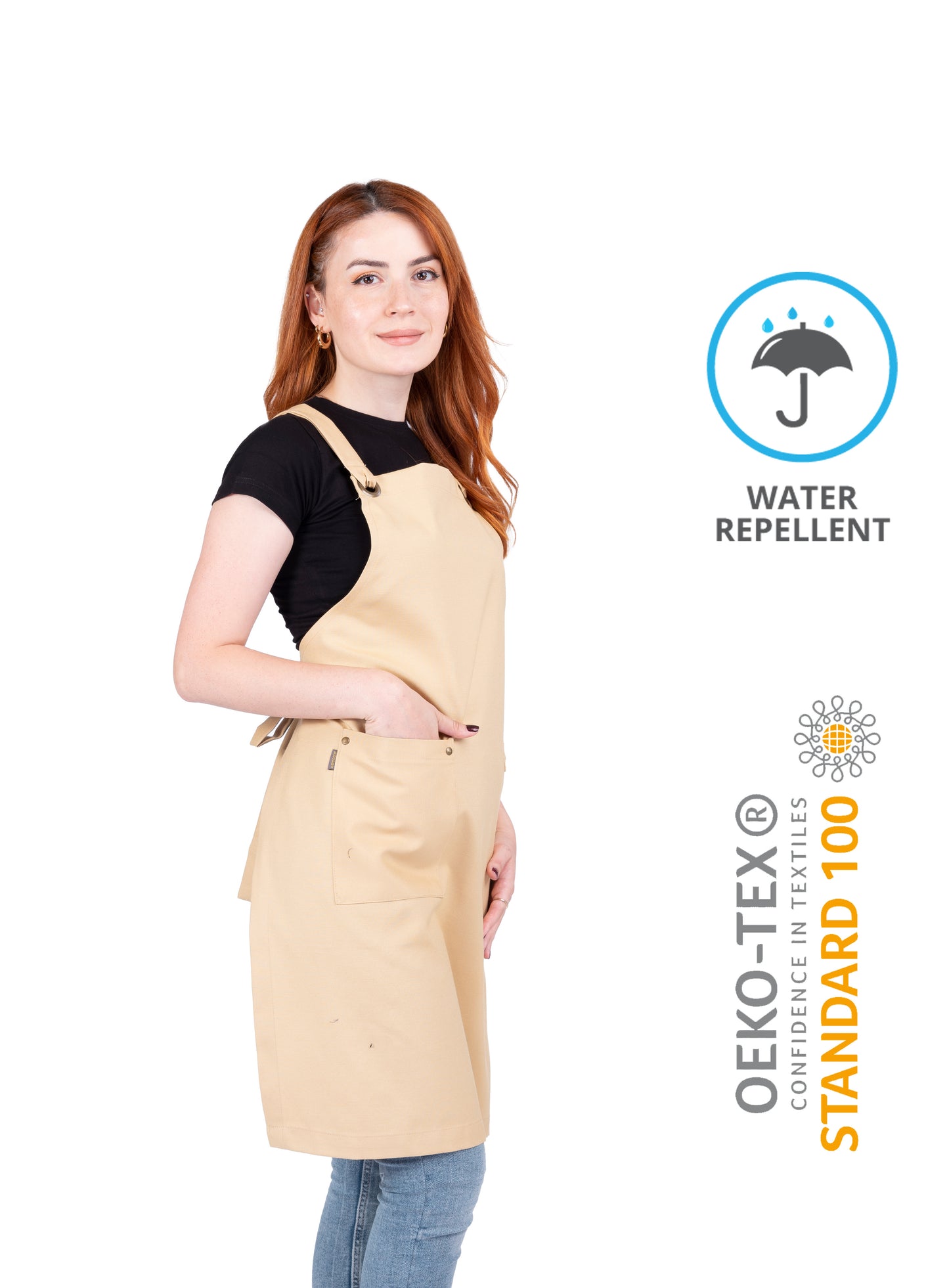Mustard classic apron with cross-back ties on mannequin.