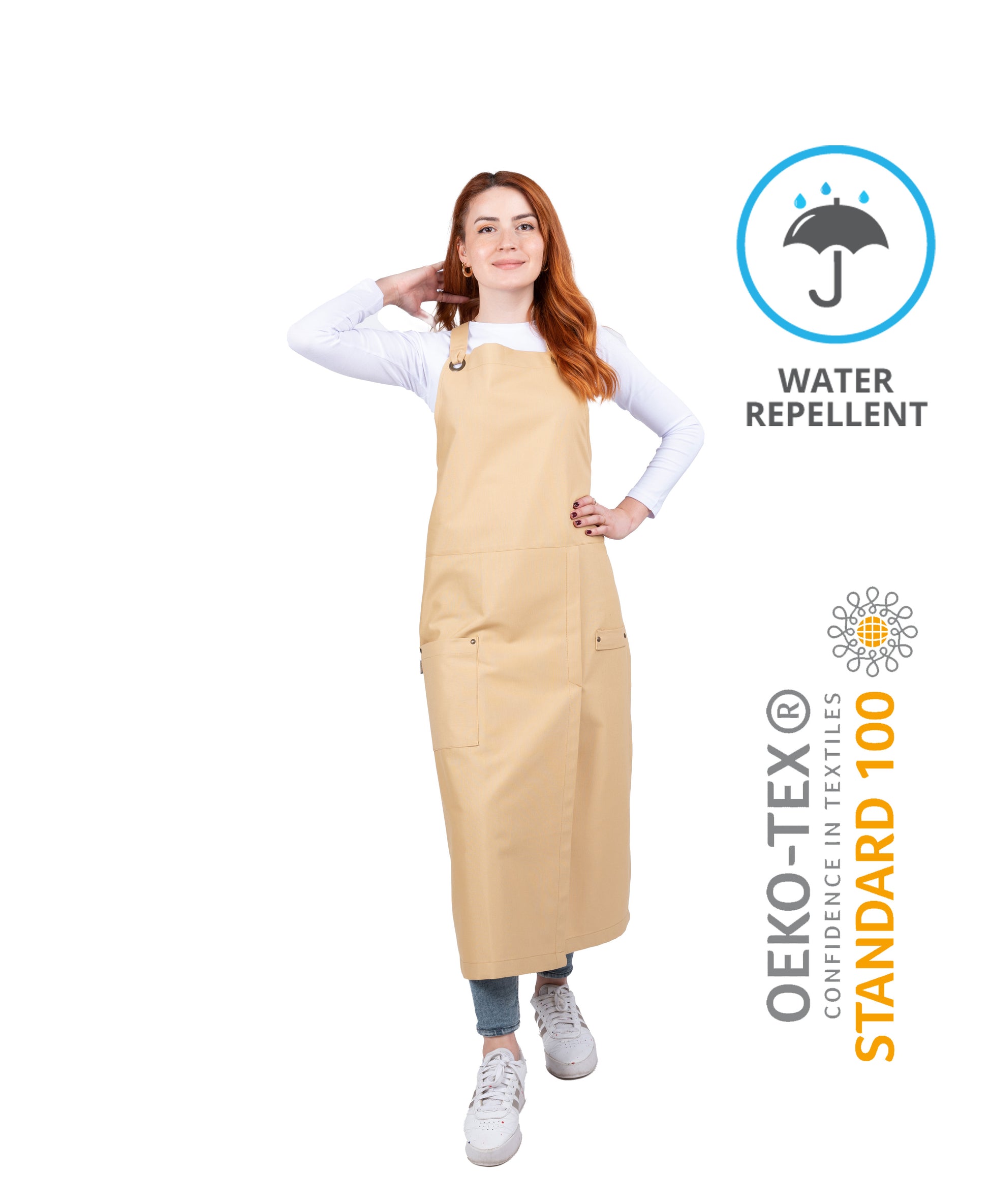 mustard pottery apron with cross-back straps