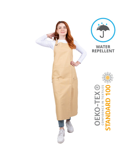 mustard pottery apron with cross-back straps